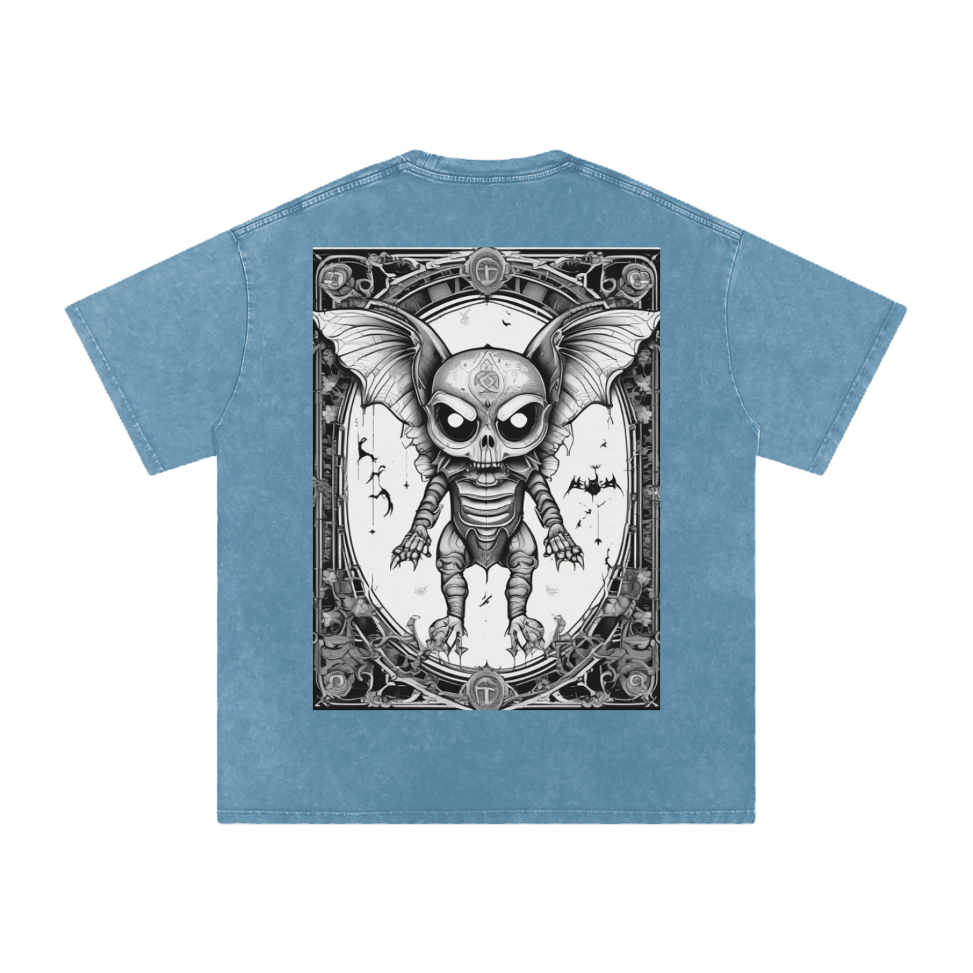 Blue t-shirt with a graphic design of a skeleton with bat wings on the back