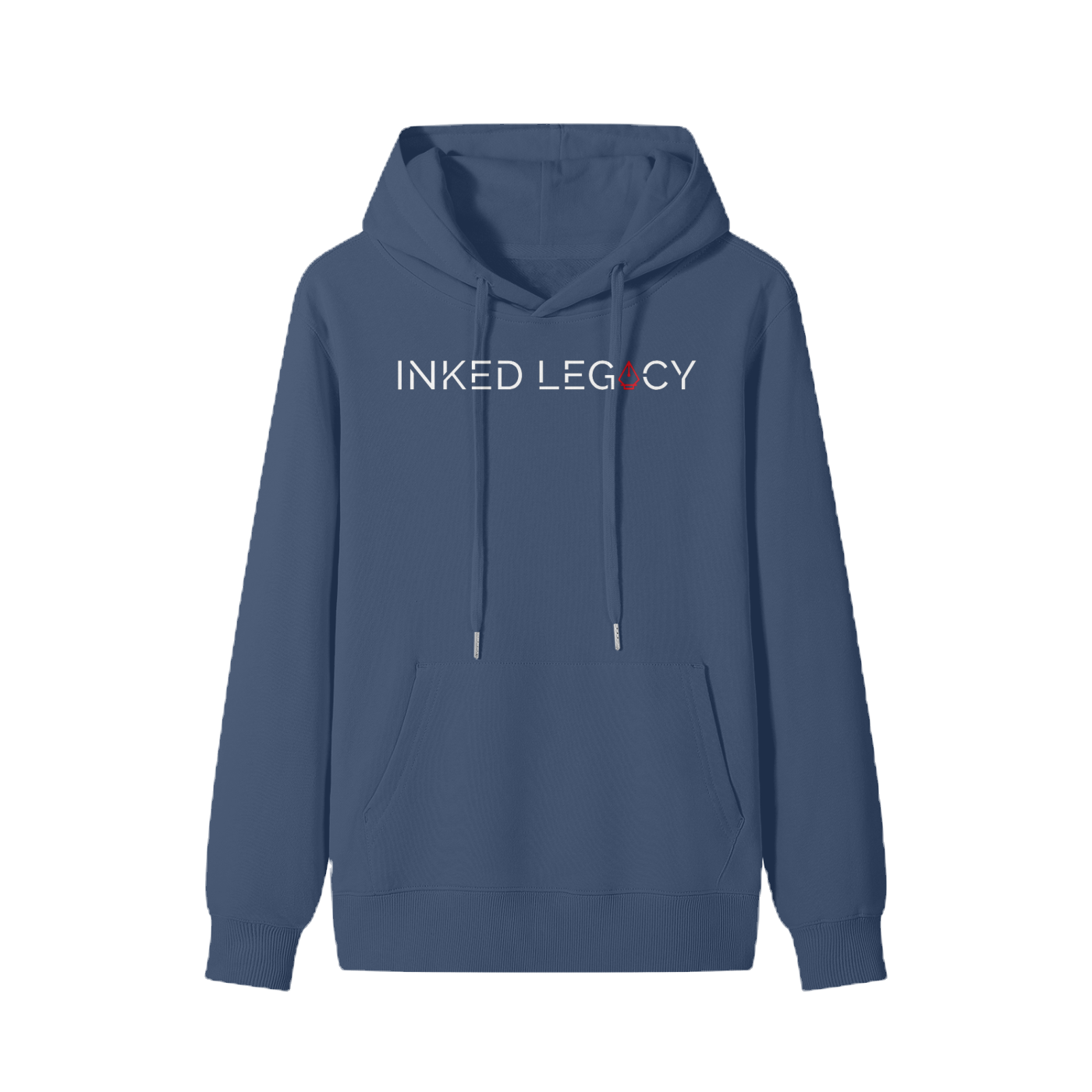 Blue hoodie with 'INKED LEGACY' text on a white background