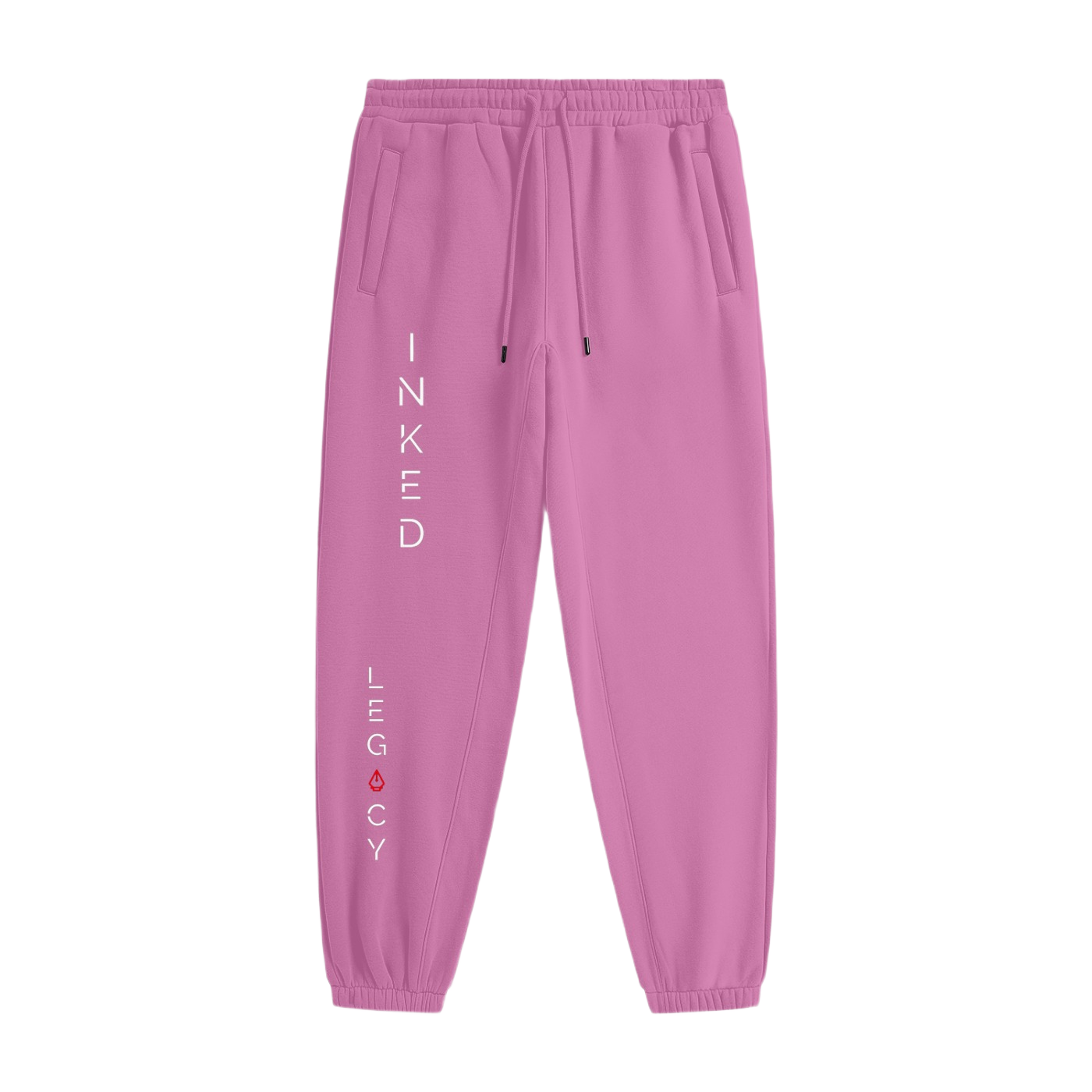 Pink sweatpants with 'Inked Legacy' text on a white background