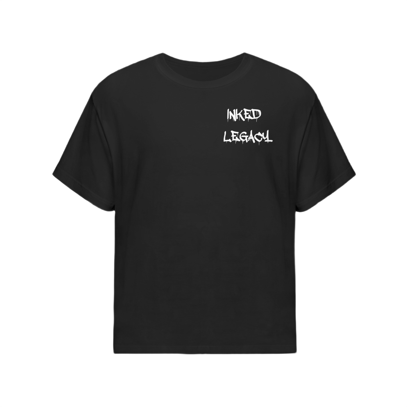 Black t-shirt with 'INKED LEGACY' text on a white background