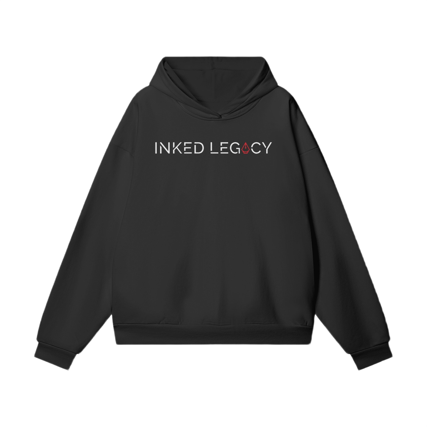 Black hoodie with 'Inked Legacy' logo on the back against a white background