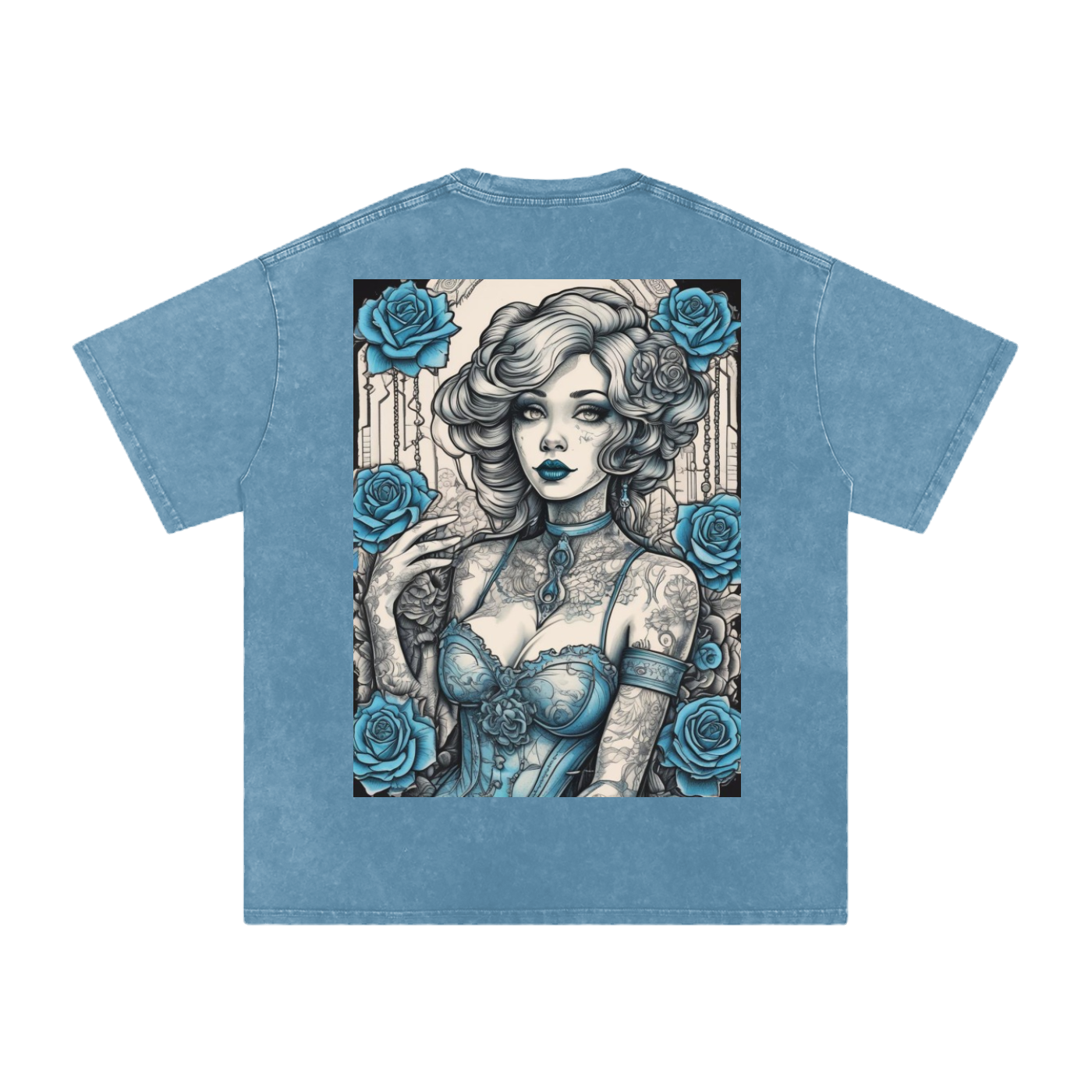 Blue t-shirt with a graphic design of a woman with roses on a white background