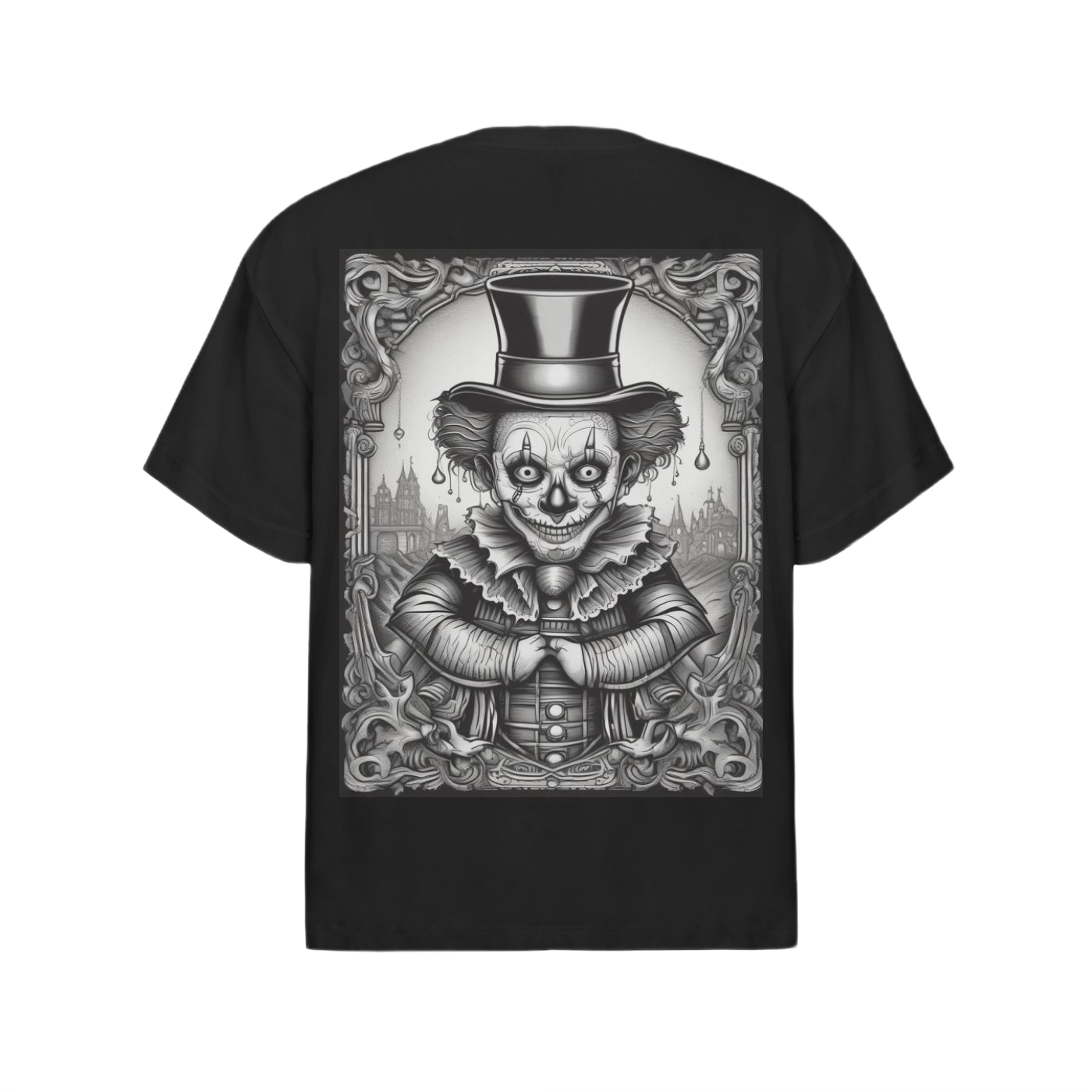 Black t-shirt with a detailed clown graphic on a white background