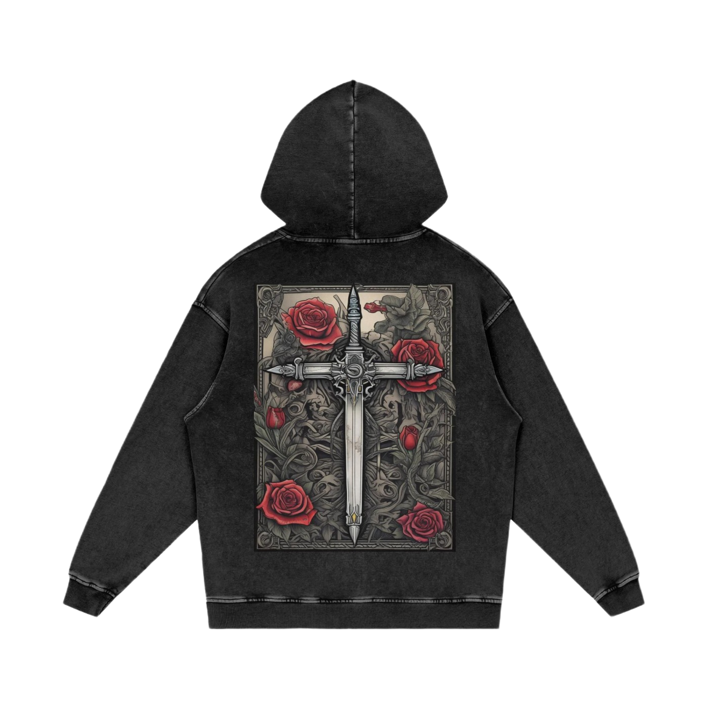 Black hoodie with a decorative design on the back featuring roses and a sword on a white background