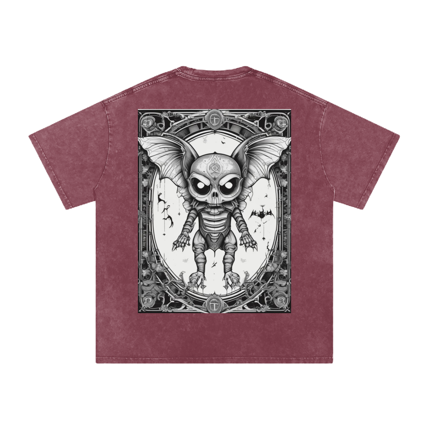 Maroon t-shirt with a graphic design of a skeleton with bat wings on a white background