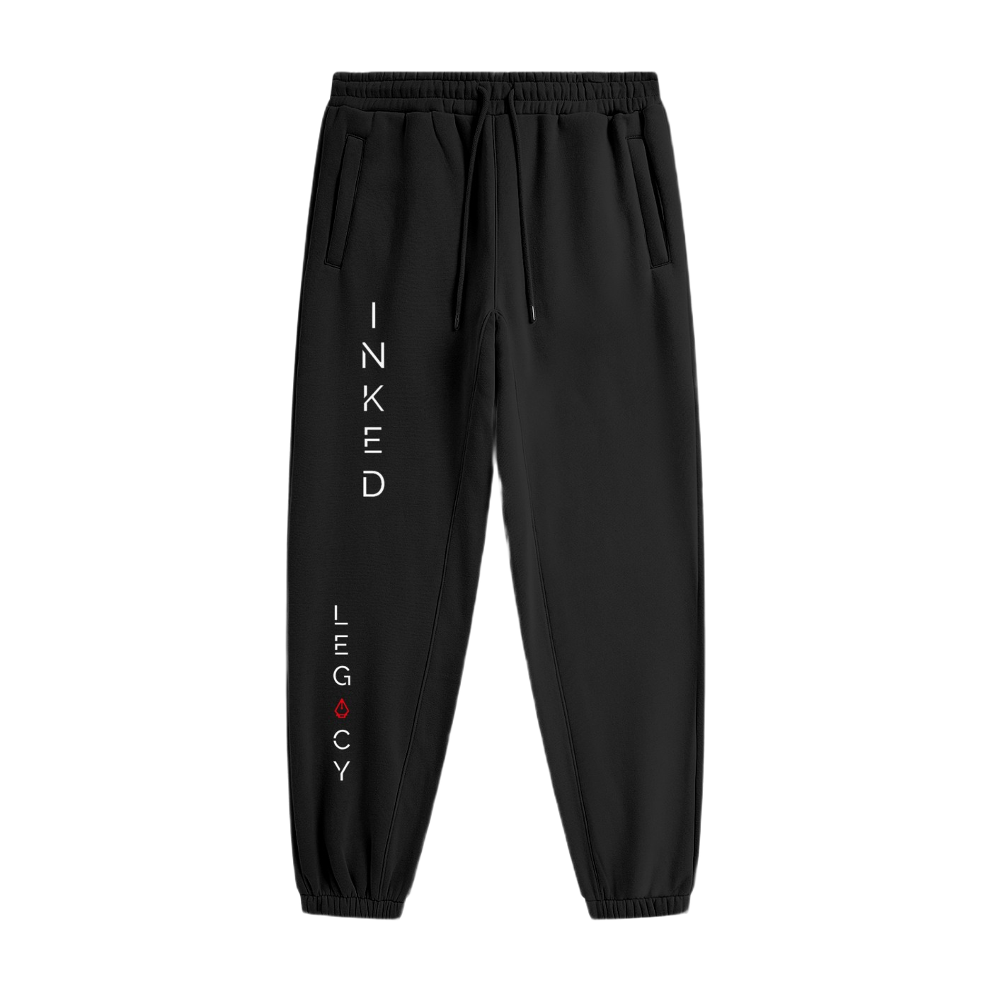 Black jogger pants with 'Inked Legacy' text on a white background