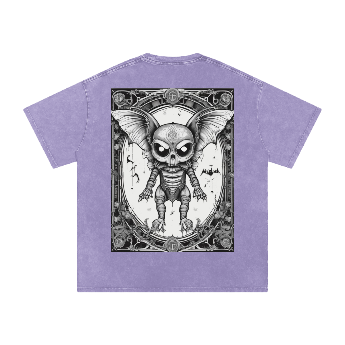 Purple t-shirt with a graphic of a skeleton bat in an ornate frame on a white background
