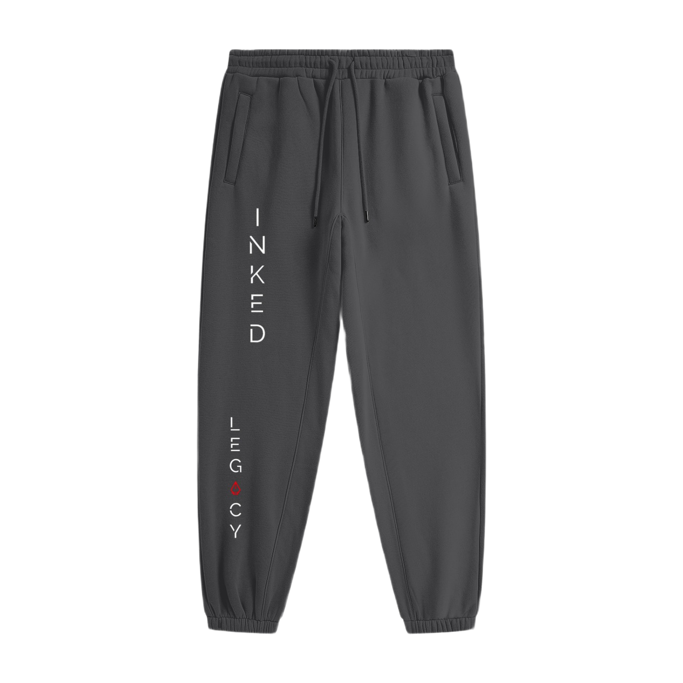 Dark gray sweatpants with 'Inked Legacy' text on a white background