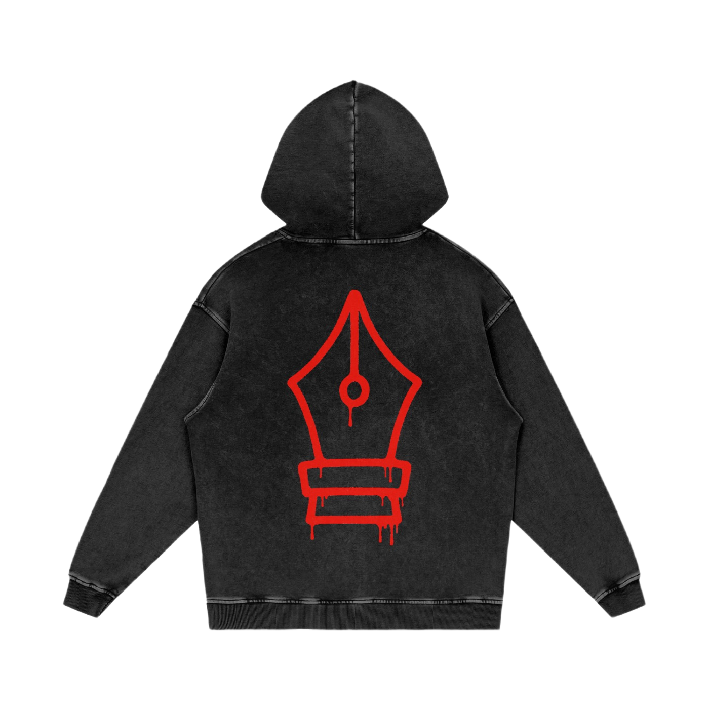 Black hoodie with a red graphic on the back against a white background
