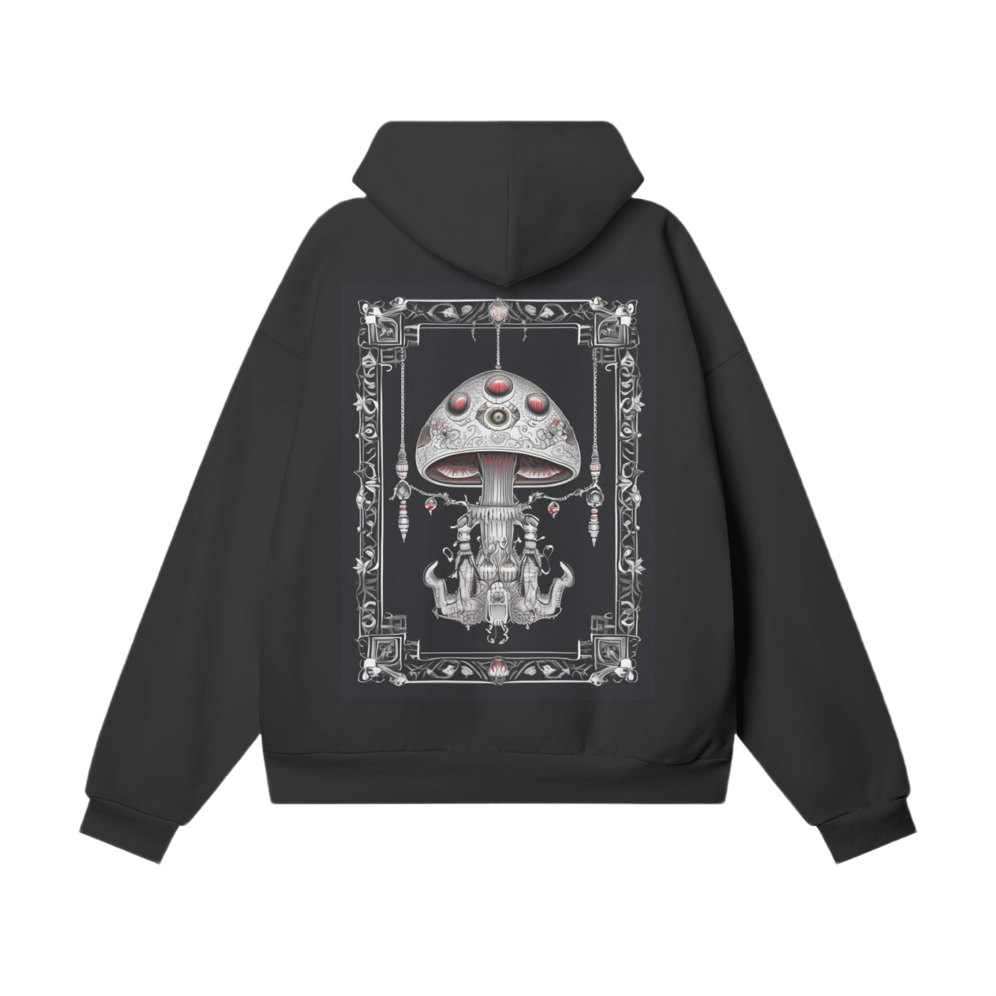 Black hoodie with a detailed graphic design on the back against a white background