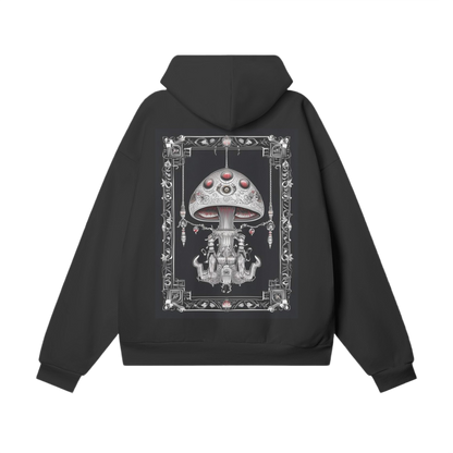 Black hoodie with a detailed graphic design on the back against a white background
