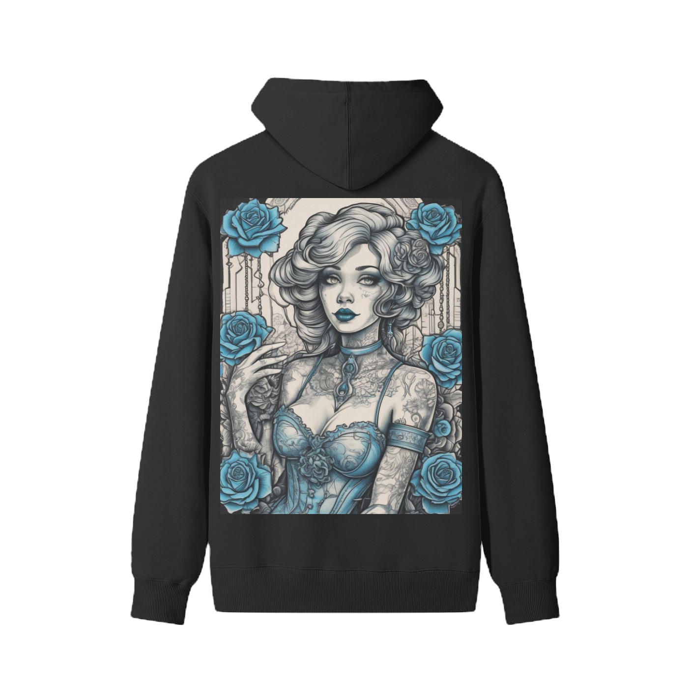Black hoodie with a graphic design of a woman and roses on the back, on a white background.