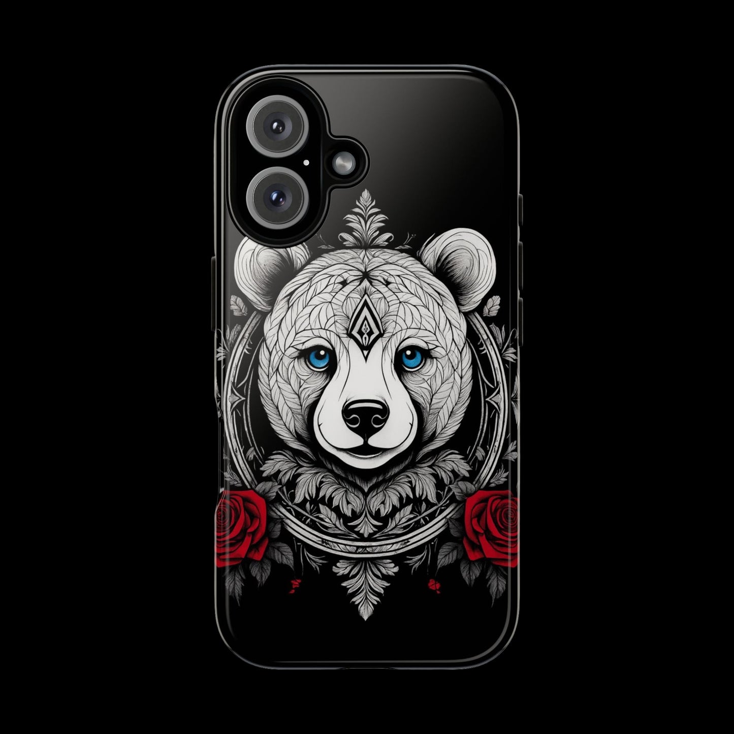 Phone case with a bear design on a black background