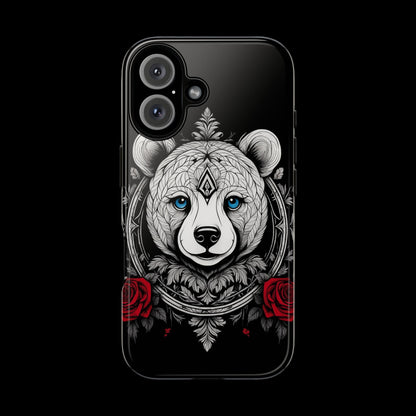 Phone case with a bear design on a black background