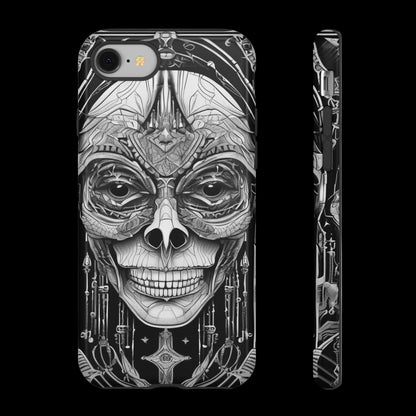 Phone case with black and white skull design on a white background