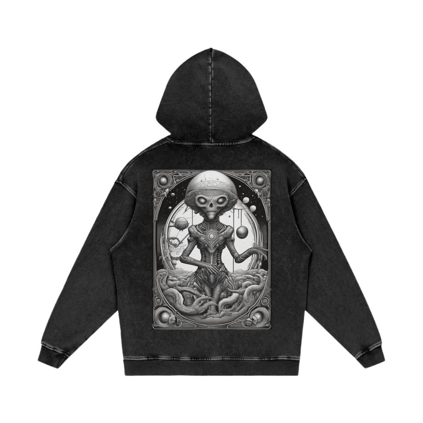 Black hoodie with a detailed graphic design on the back against a white background