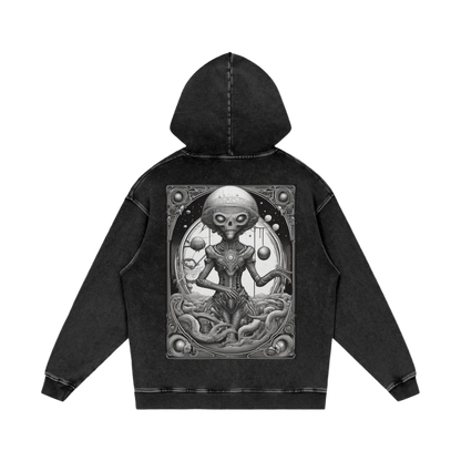 Black hoodie with a detailed graphic design on the back against a white background
