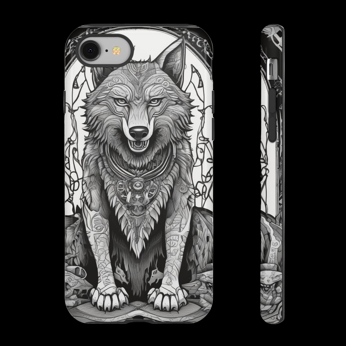 Phone case with a detailed black and white wolf design on a white background