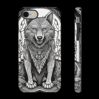 Phone case with a detailed black and white wolf design on a white background