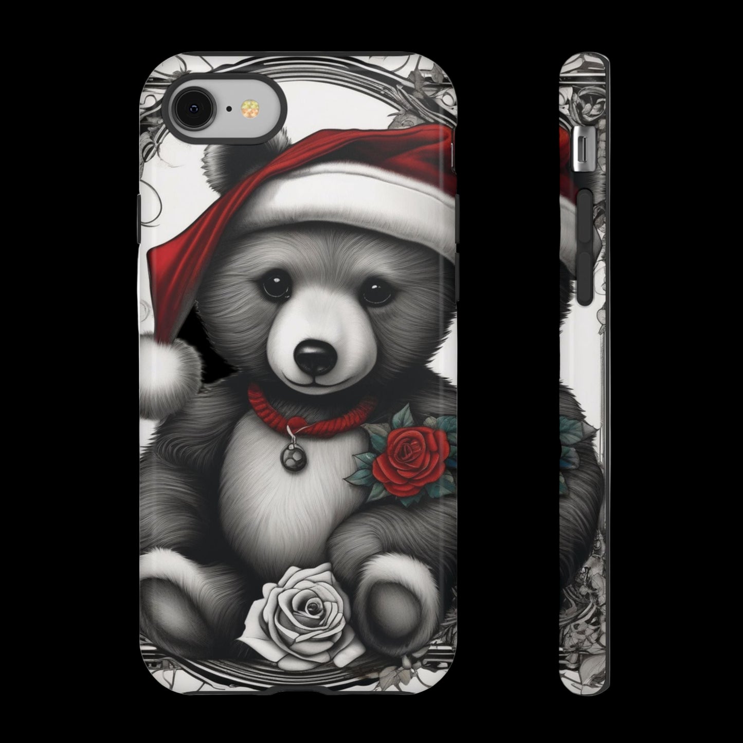 Phone case with a panda bear design wearing a red bandana and rose, on a white background.