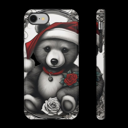 Phone case with a panda bear design wearing a red bandana and rose, on a white background.