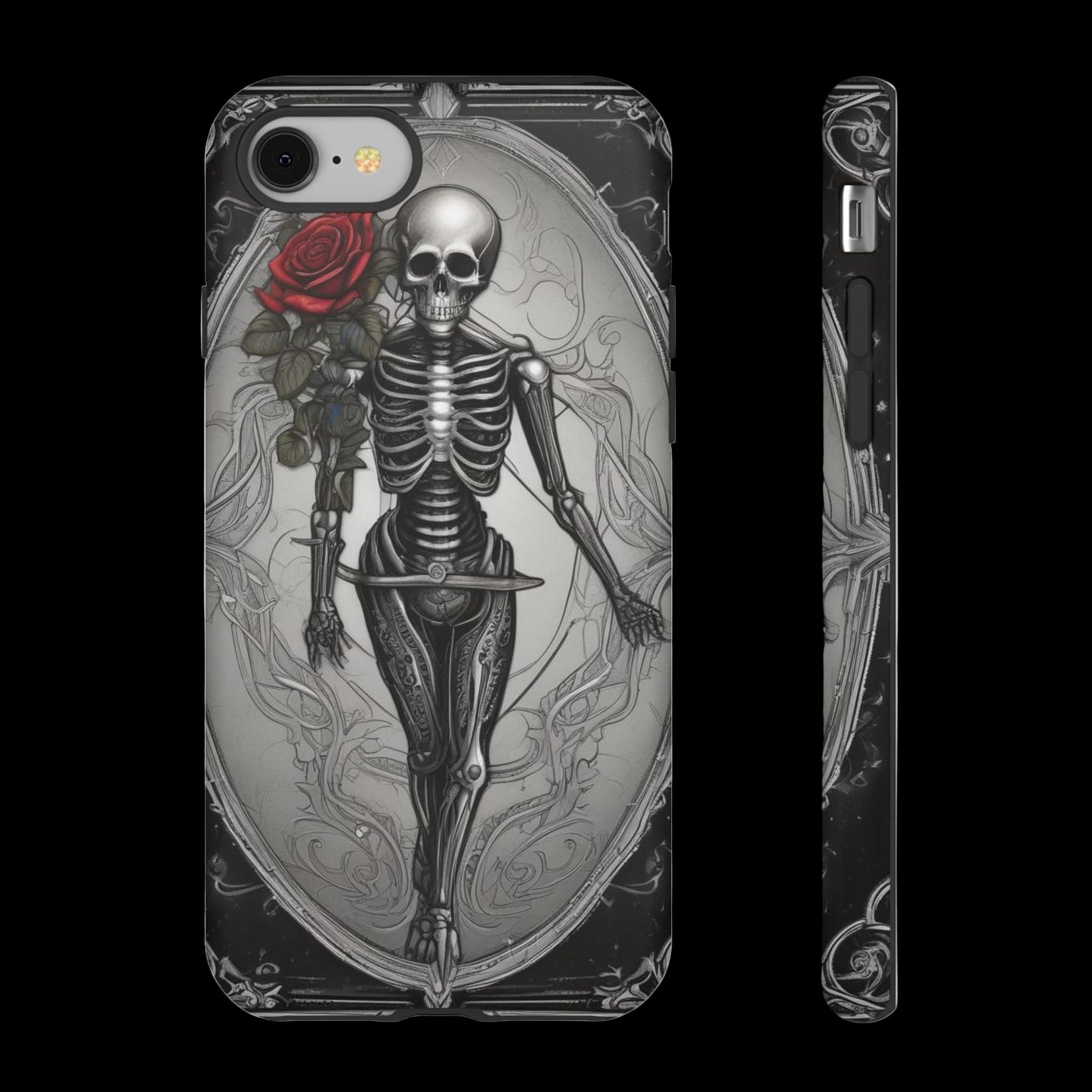 Phone case with a skeleton and red rose design on a white background