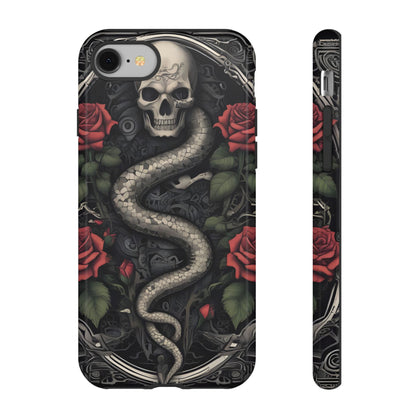 Phone case with skull, snake, and roses design on a black background