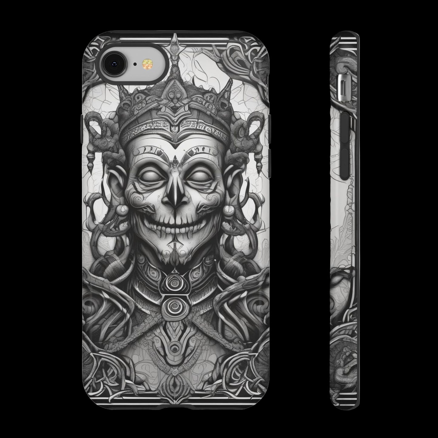 Phone case with intricate black and white design on a white background