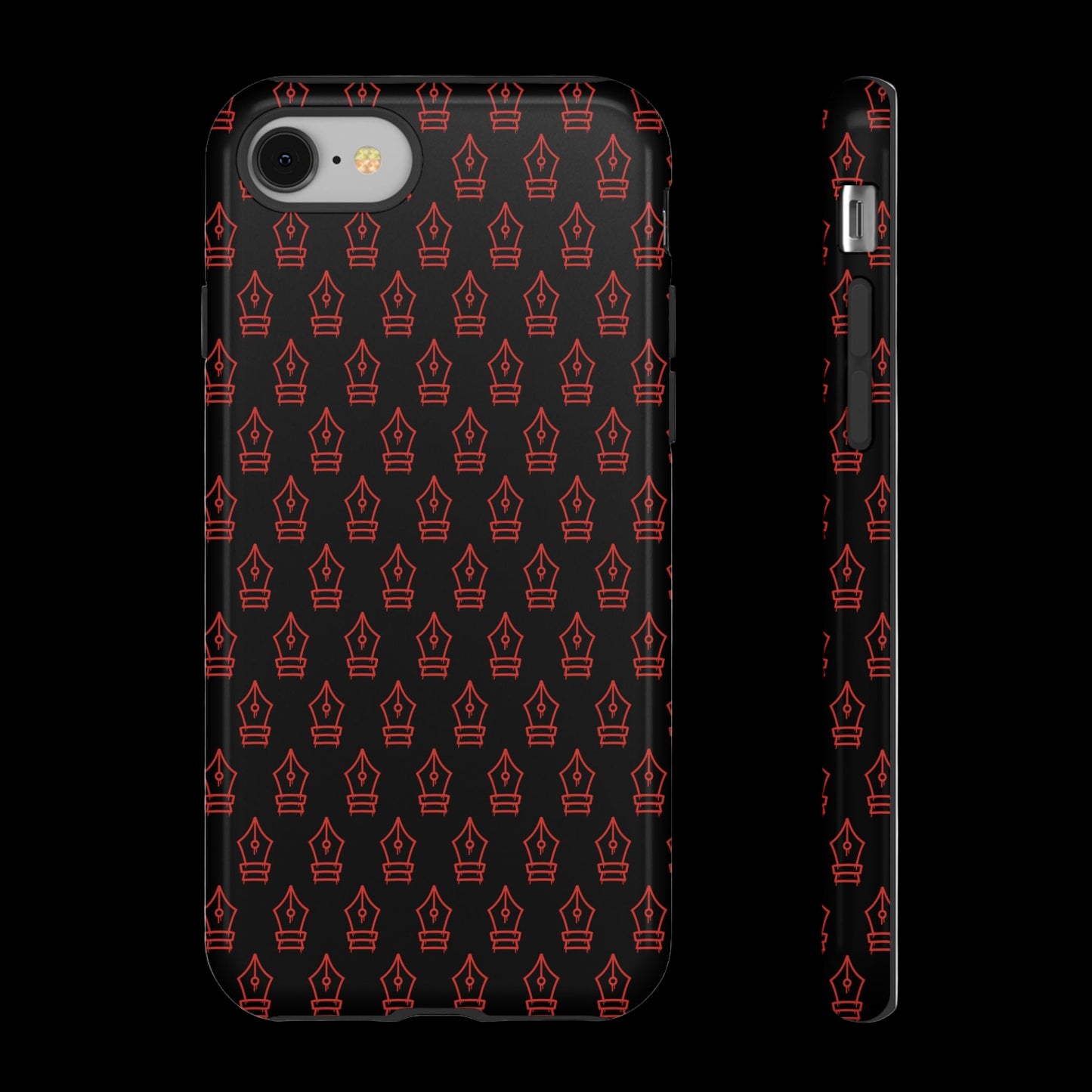 Phone case with red pen nib pattern on black background
