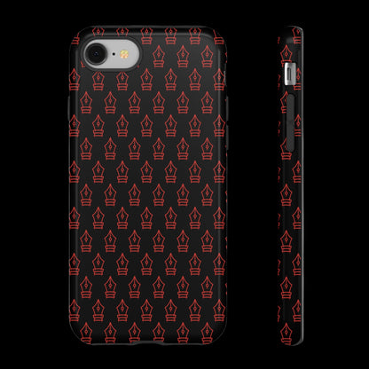 Phone case with red pen nib pattern on black background