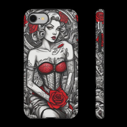 Phone case with a design of a woman with tattoos and red roses on a white background