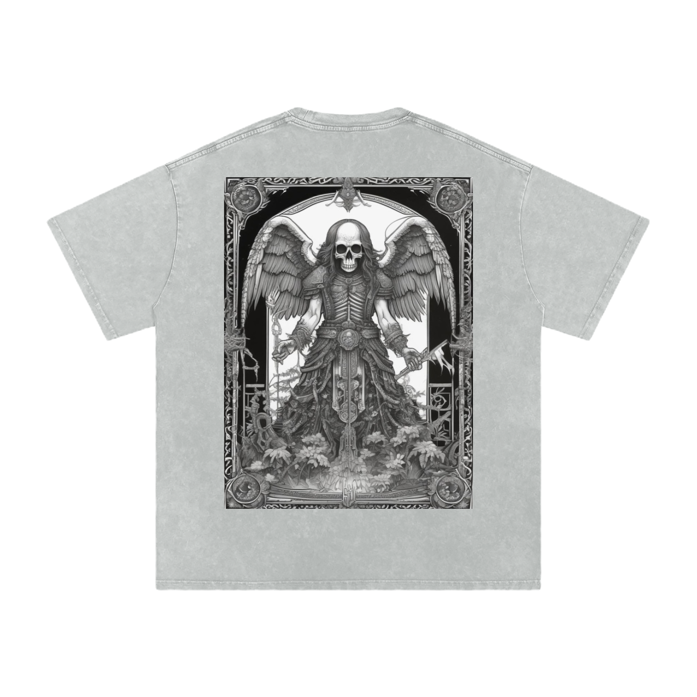 Gray t-shirt with a skeleton design on a white background