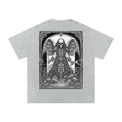 Gray t-shirt with a skeleton design on a white background