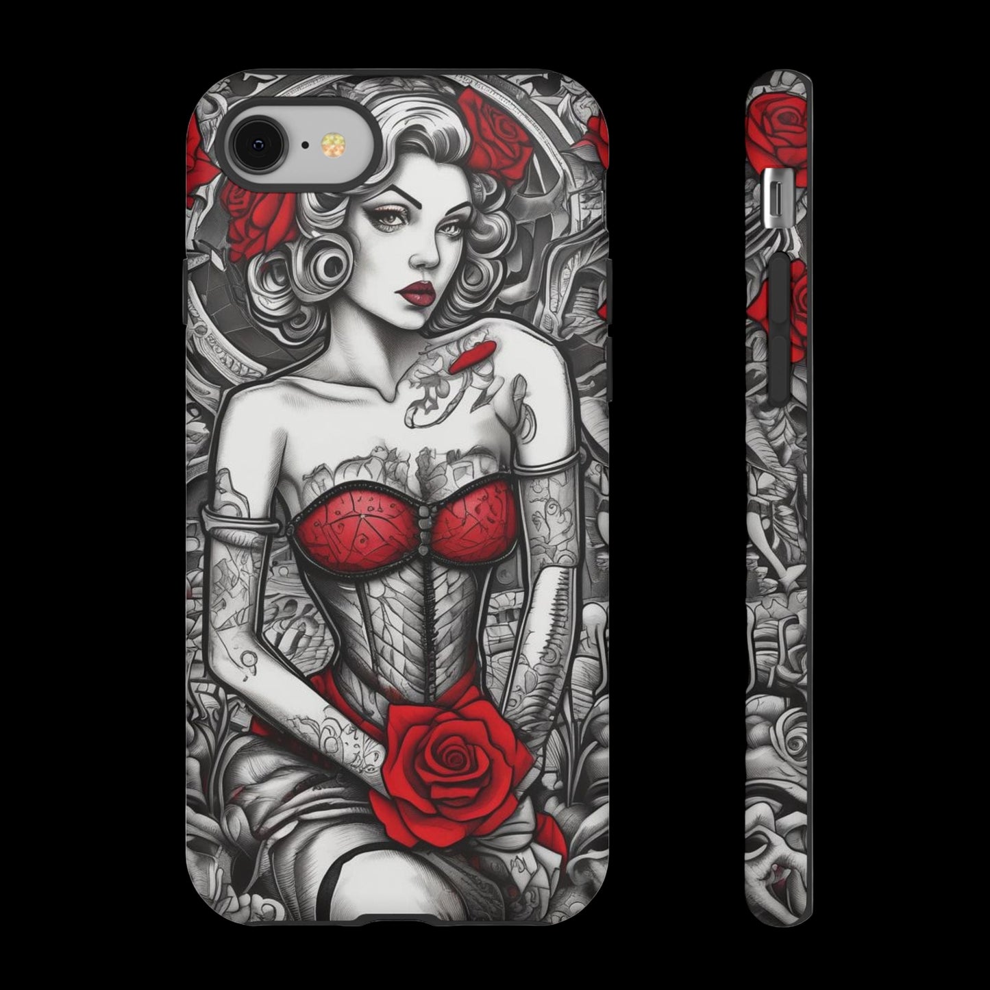 Phone case with a design of a woman with tattoos and red roses on a white background