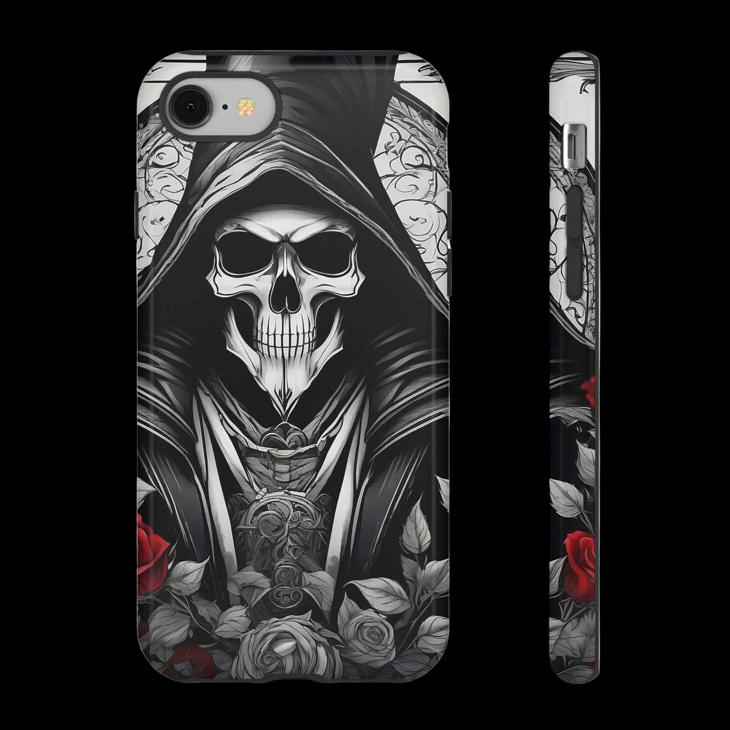 Phone case with a skull design and roses on a white background