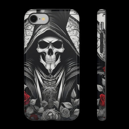 Phone case with a skull design and roses on a white background