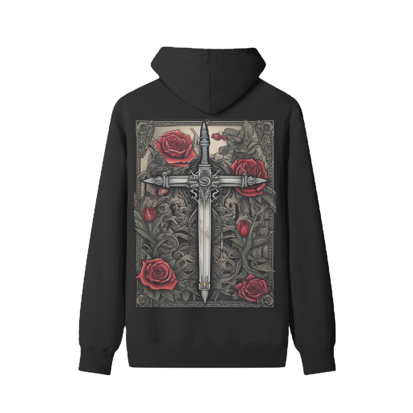 Black hoodie with a decorative design of a sword and red roses on the back, against a white background.