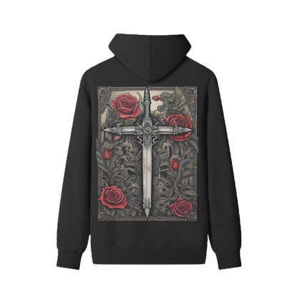 Black hoodie with a decorative design of a sword and red roses on the back, against a white background.