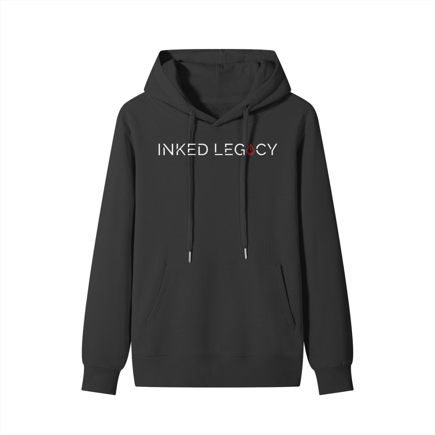 Black hoodie with 'INKED LEGACY' text on a white background