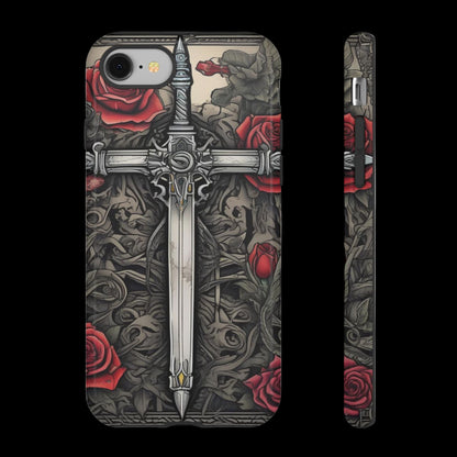 Phone case with a sword and roses design on a white background