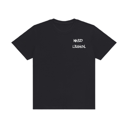 Black t-shirt with 'Inked Legacy' text on a white background