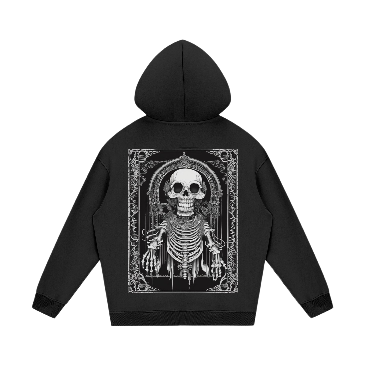 Black hoodie with a skeleton design on the back against a white background