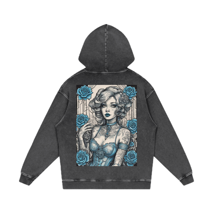 Inked Legacy - Acid Wash Blue Rose Queen Hoodie