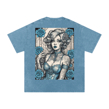 Blue t-shirt with a graphic design of a woman with roses on a white background