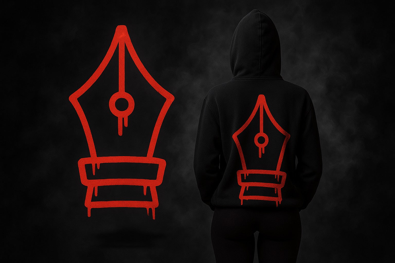 Inked Legacy ,Person wearing a black hoodie with a red inkwell design on the back against a dark background
