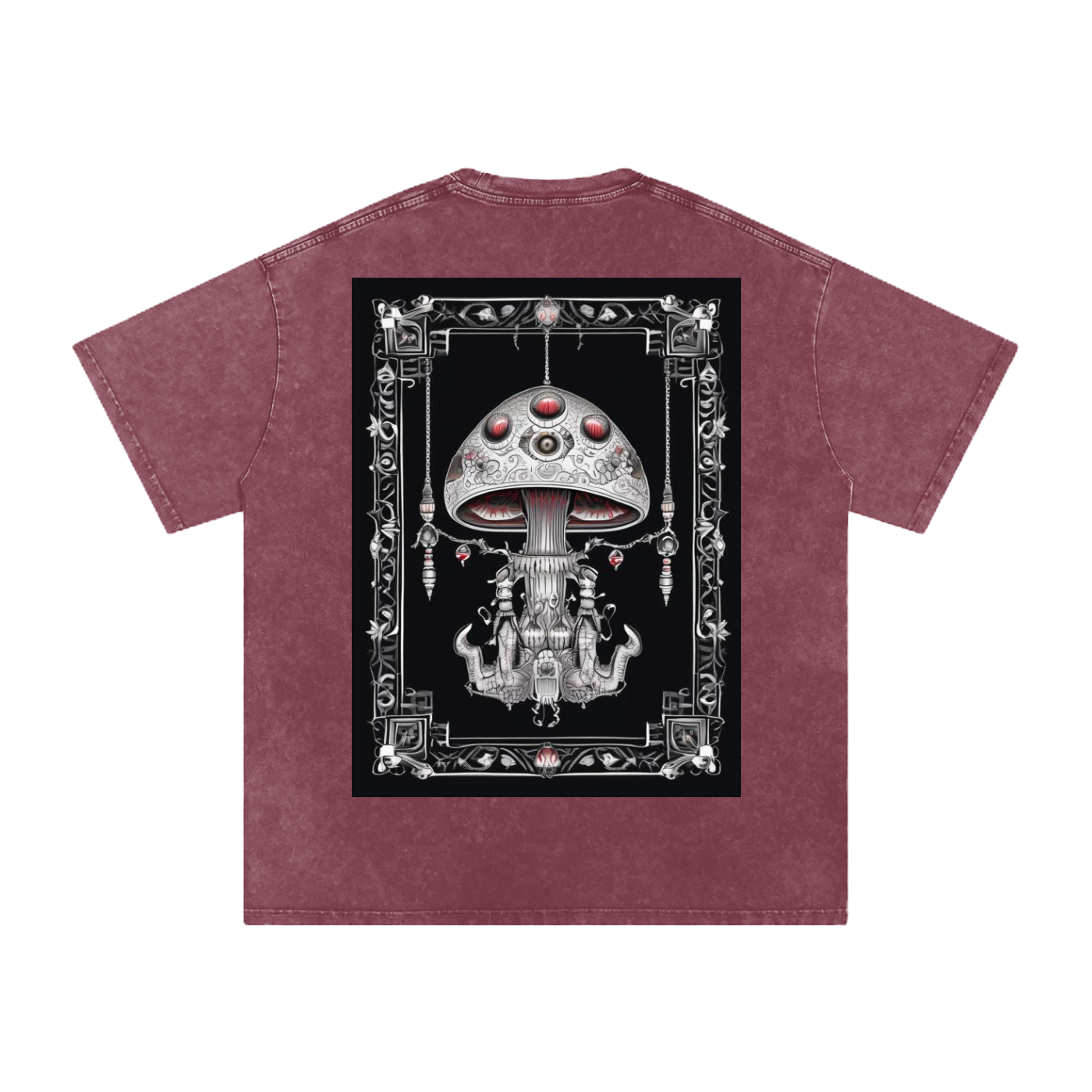 Maroon t-shirt with a central graphic design of a mushroom-like creature with red eyes and decorative elements on a black background.