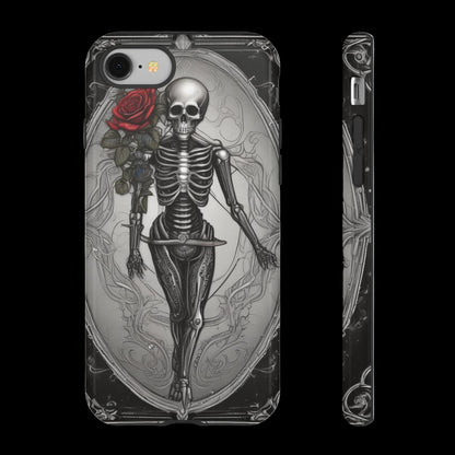 Phone case with a skeleton and red rose design on a white background