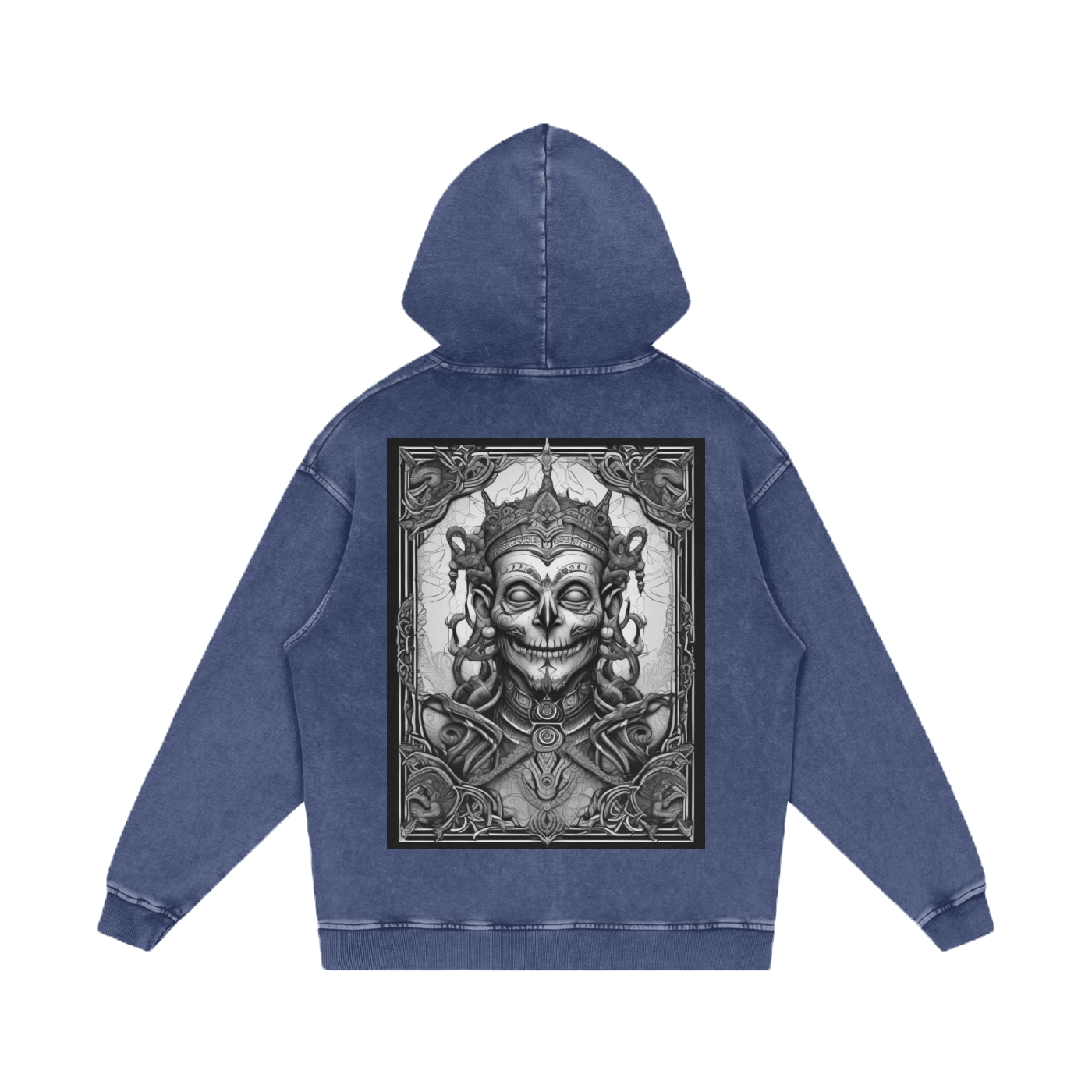 Blue hoodie with a skull and crossbones design on the back against a white background