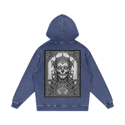 Blue hoodie with a skull and crossbones design on the back against a white background