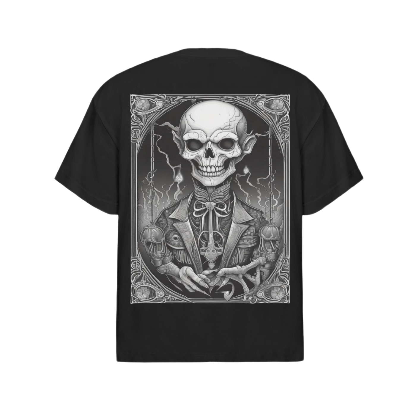 Black t-shirt with a skull and gothic design on a white background